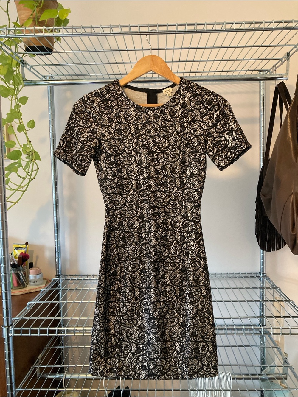 Aritzia Black and Cream Lace-Pattern Mini Dress